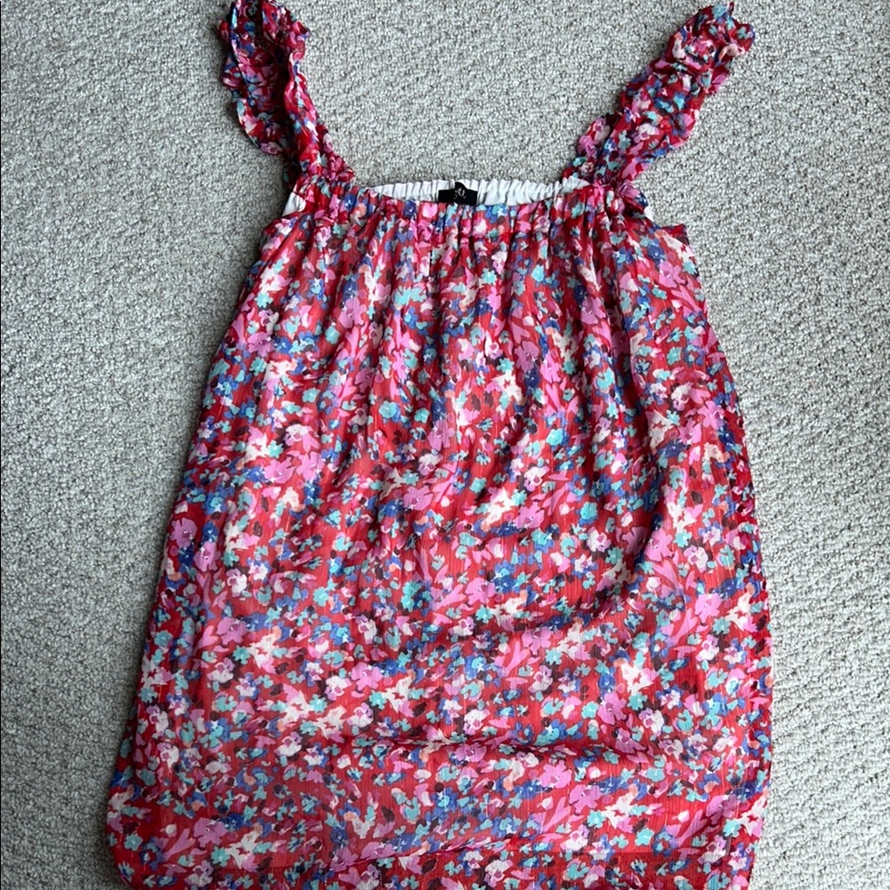 Floral Red and Pink Mini Dress with Ruffled Neckline